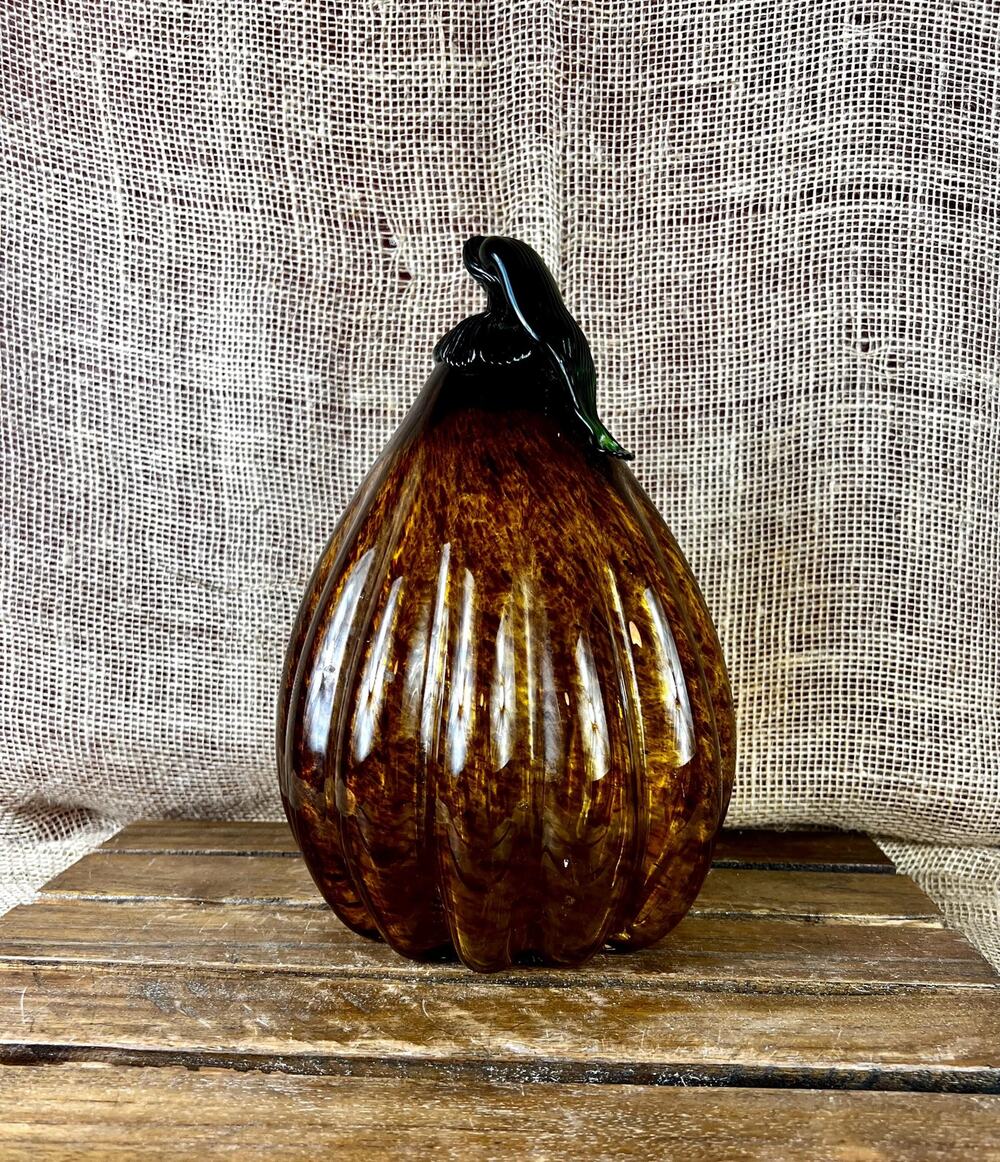 Tortoise Shell Amber Glass Pumpkin Ribbed Art Fall Harvest Decor ~Hand Blown